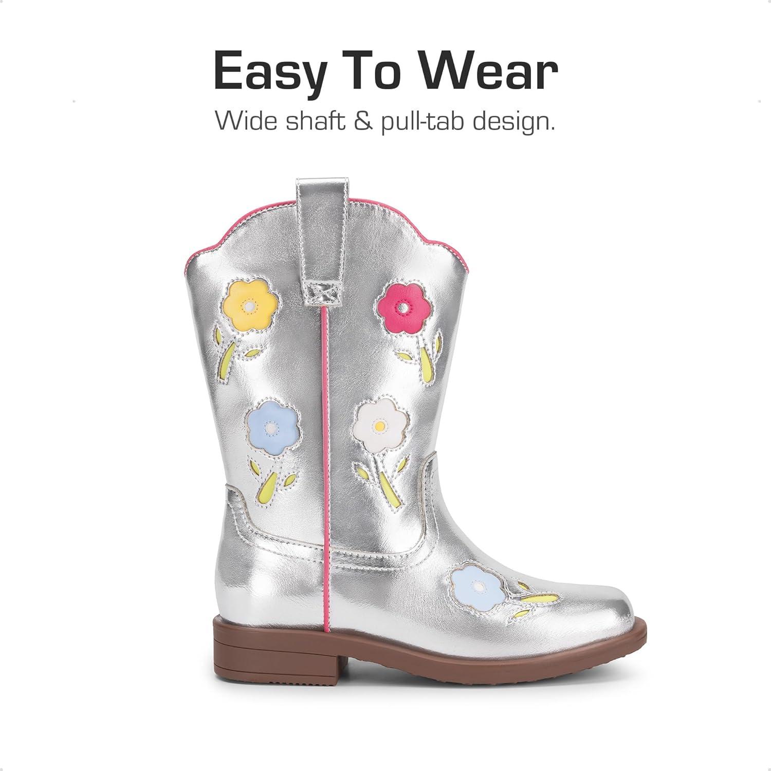 imageDREAM PAIRS Girls Cowboy Cowgirl Boots Floral Embroidered Western Square Toe Mid Calf Toddler Little Big Kid for Birthday Party ConcertSilver