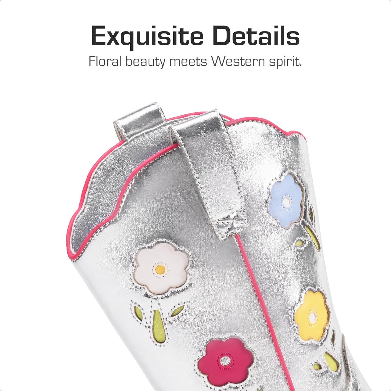 imageDREAM PAIRS Girls Cowboy Cowgirl Boots Floral Embroidered Western Square Toe Mid Calf Toddler Little Big Kid for Birthday Party ConcertSilver