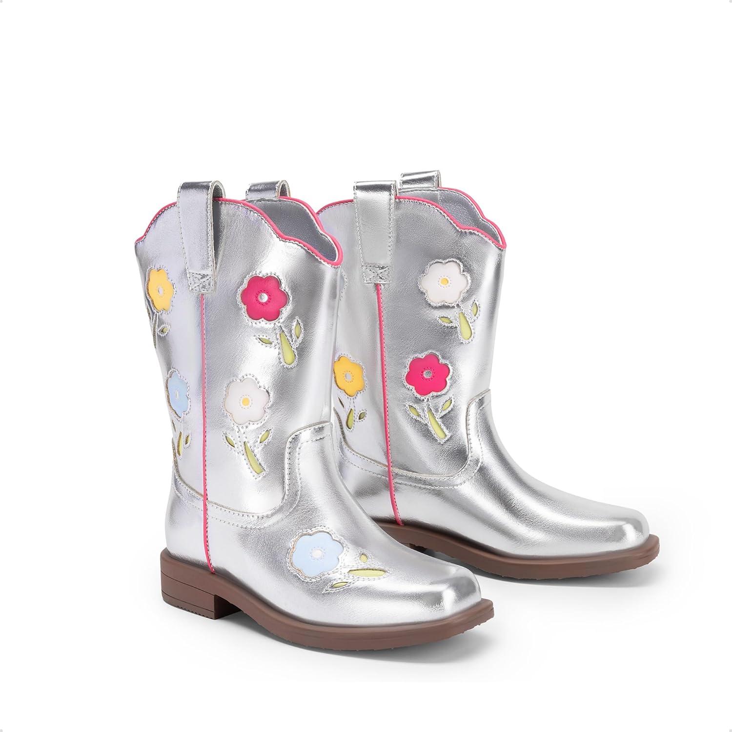 imageDREAM PAIRS Girls Cowboy Cowgirl Boots Floral Embroidered Western Square Toe Mid Calf Toddler Little Big Kid for Birthday Party ConcertSilver