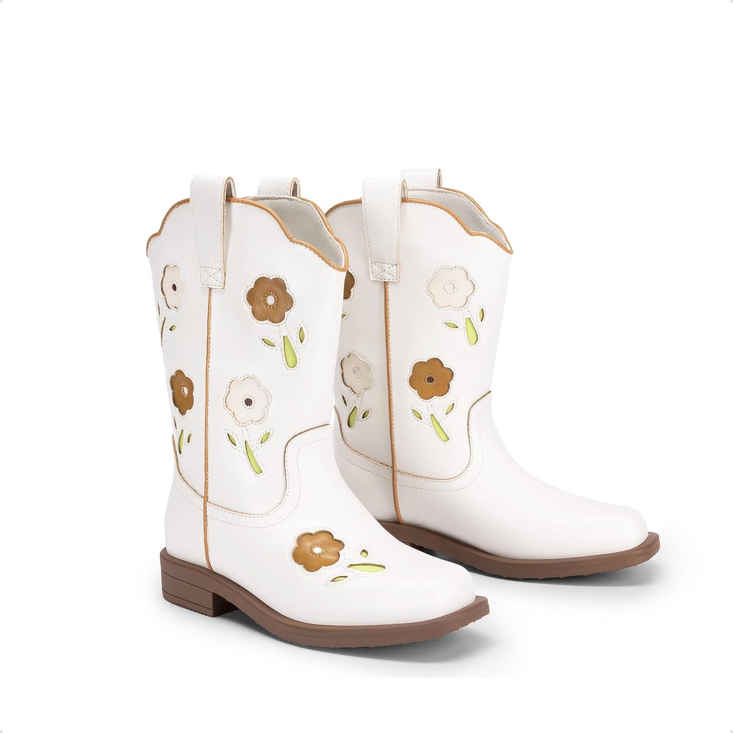 imageDREAM PAIRS Girls Cowboy Cowgirl Boots Floral Embroidered Western Square Toe Mid Calf Toddler Little Big Kid for Birthday Party ConcertWhite