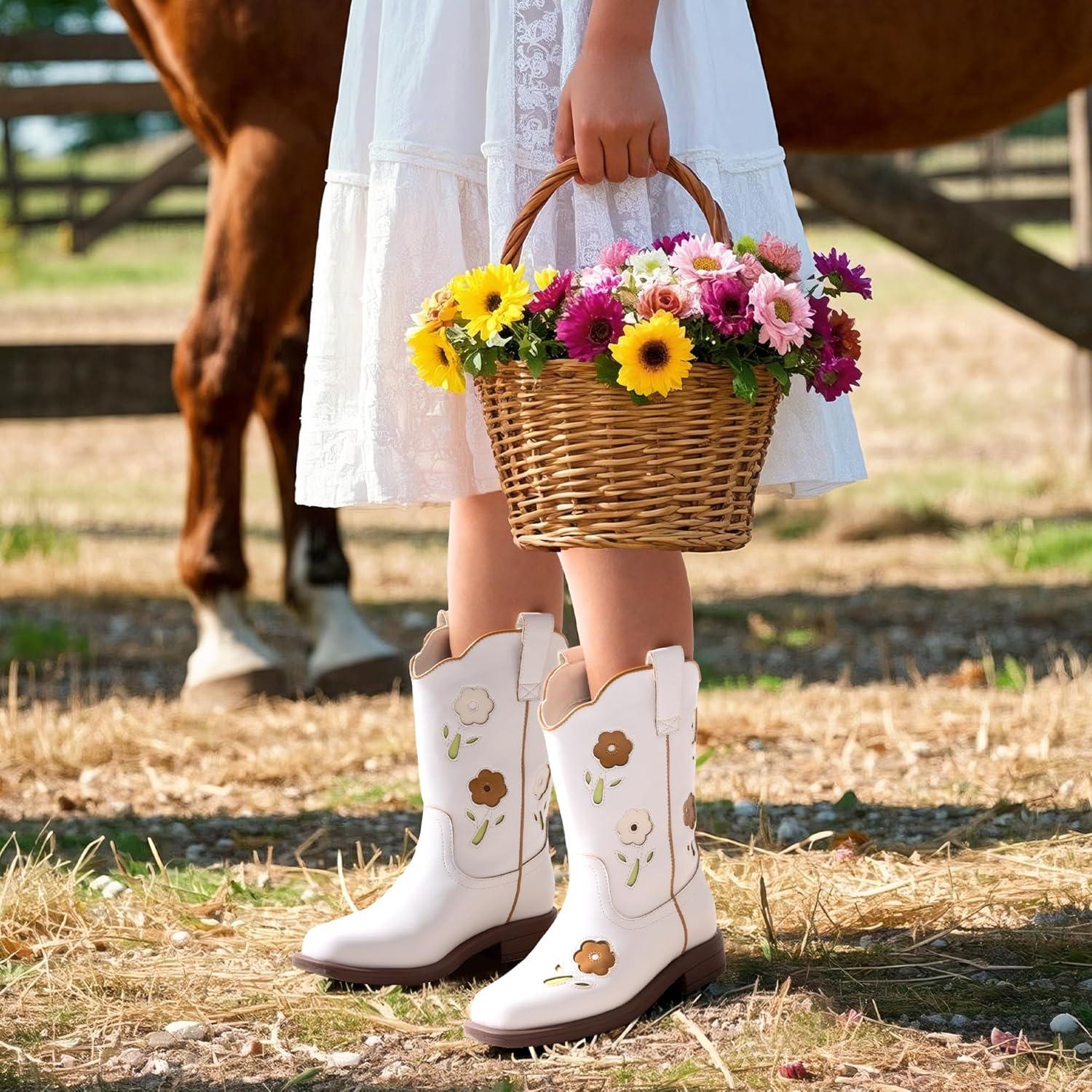 imageDREAM PAIRS Girls Cowboy Cowgirl Boots Floral Embroidered Western Square Toe Mid Calf Toddler Little Big Kid for Birthday Party ConcertWhite