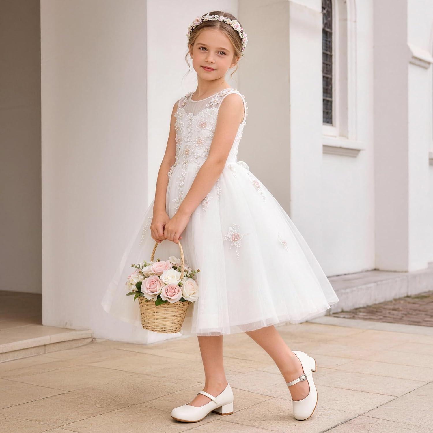 imageDREAM PAIRS Girls Dress Shoes Mary Jane Low Heels Flower Wedding Party Pump Prom Footwear for LittleBig KidsIvory