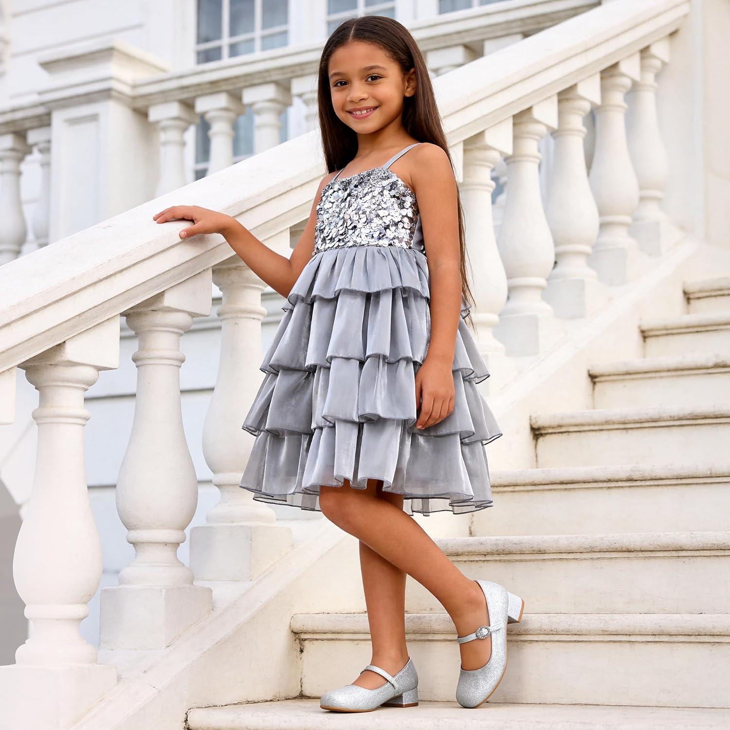 imageDREAM PAIRS Girls Dress Shoes Mary Jane Low Heels Flower Wedding Party Pump Prom Footwear for LittleBig KidsSilver
