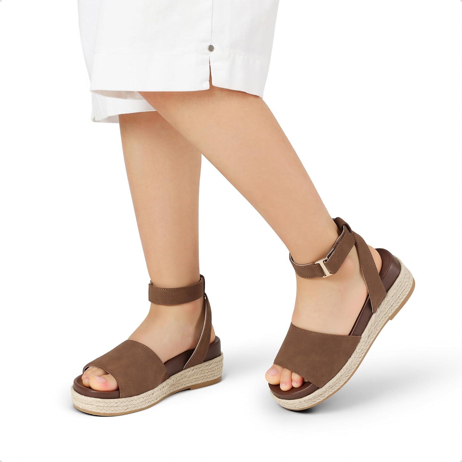 imageDREAM PAIRS Girls Platform Wedge Open Toe Espadrille Sandals with Buckle Ankle Strap for Little KidBig KidBrown