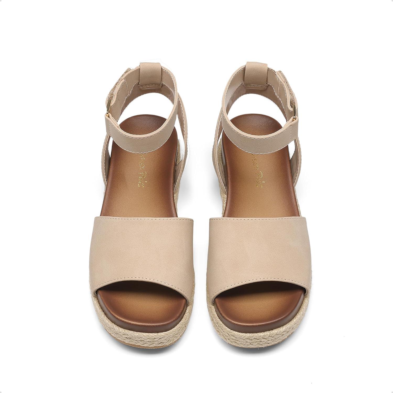 imageDREAM PAIRS Girls Platform Wedge Open Toe Espadrille Sandals with Buckle Ankle Strap for Little KidBig KidNude