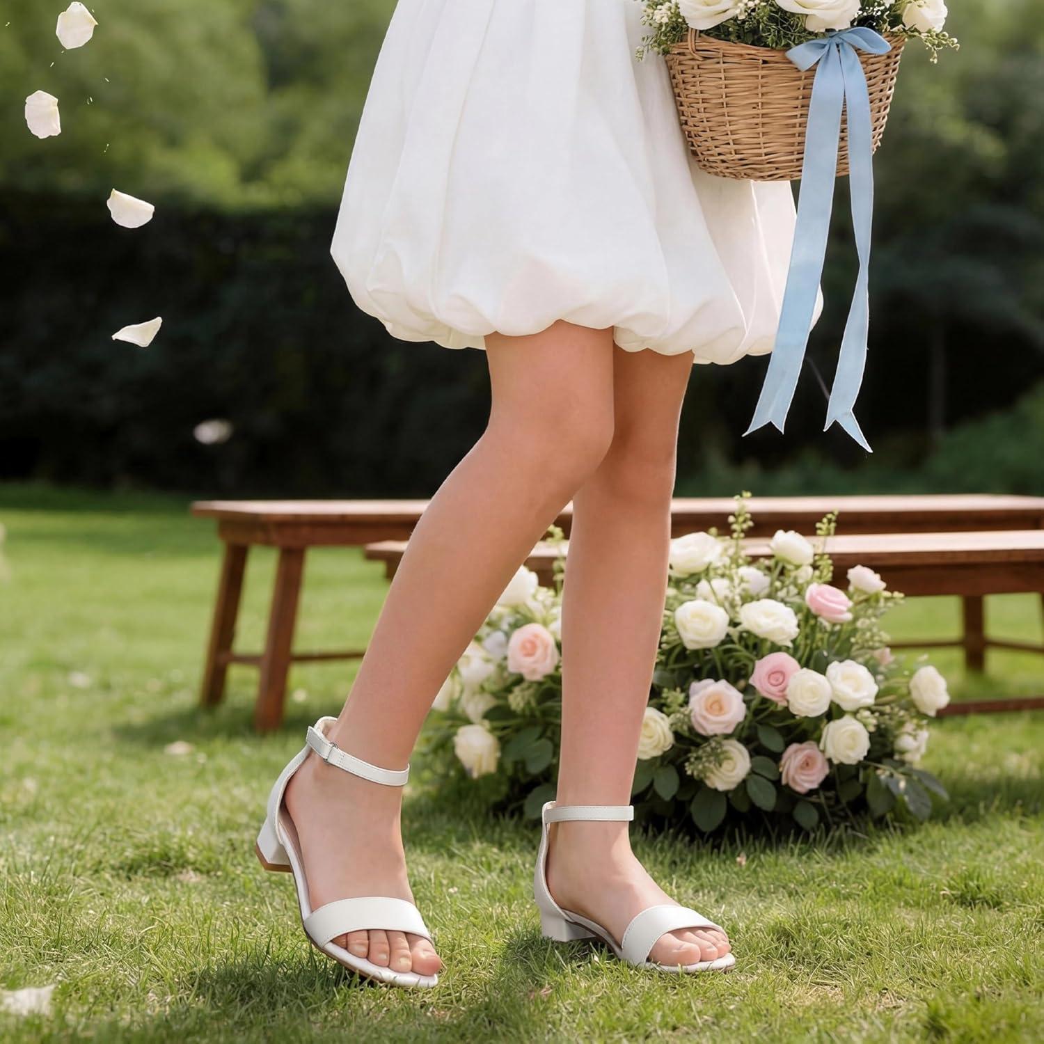 imageDREAM PAIRS Girls Sandals Low Heel Dress Pump Ankle Strap Flower Wedding Party Shoes for Little KidBig KidWhite