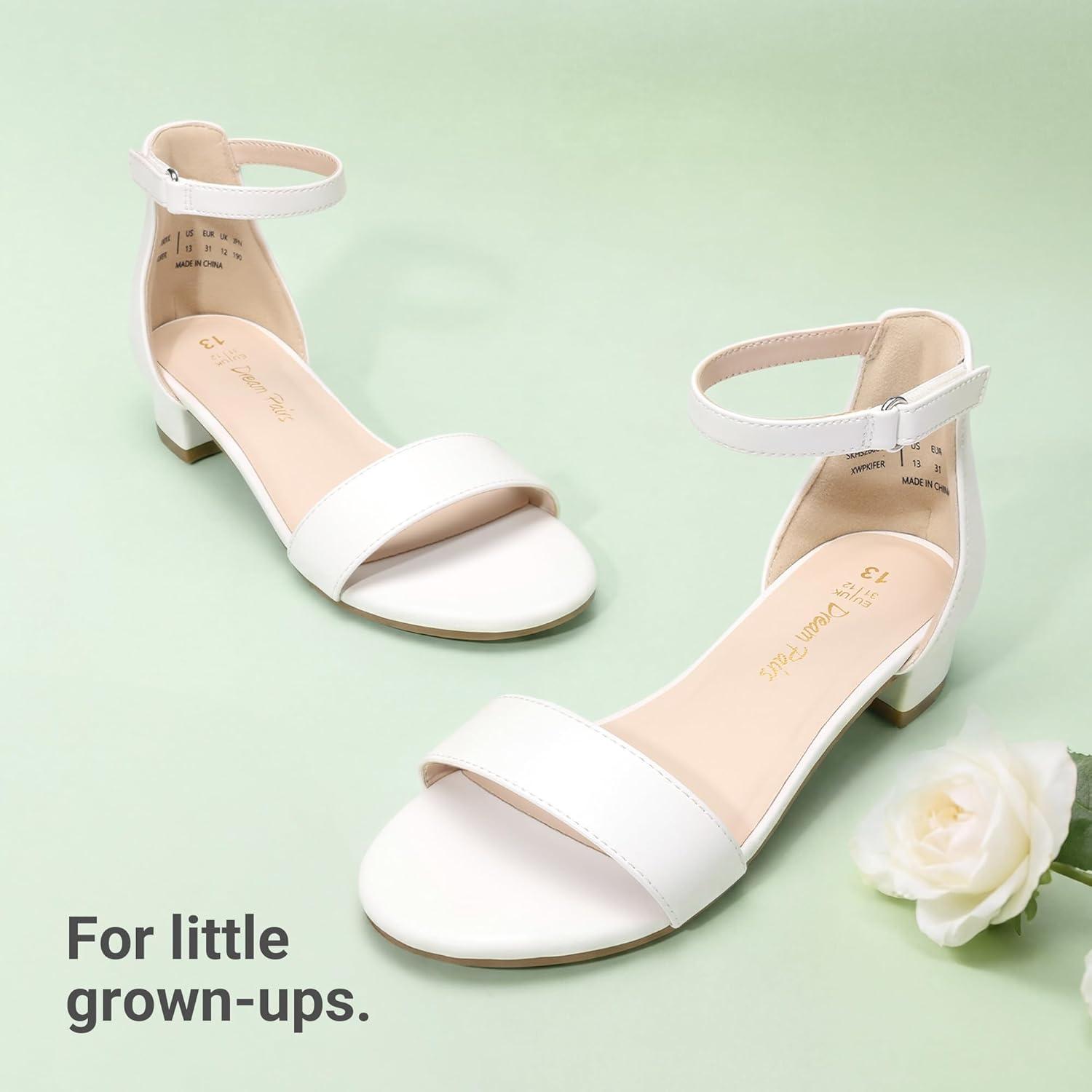 imageDREAM PAIRS Girls Sandals Low Heel Dress Pump Ankle Strap Flower Wedding Party Shoes for Little KidBig KidWhite