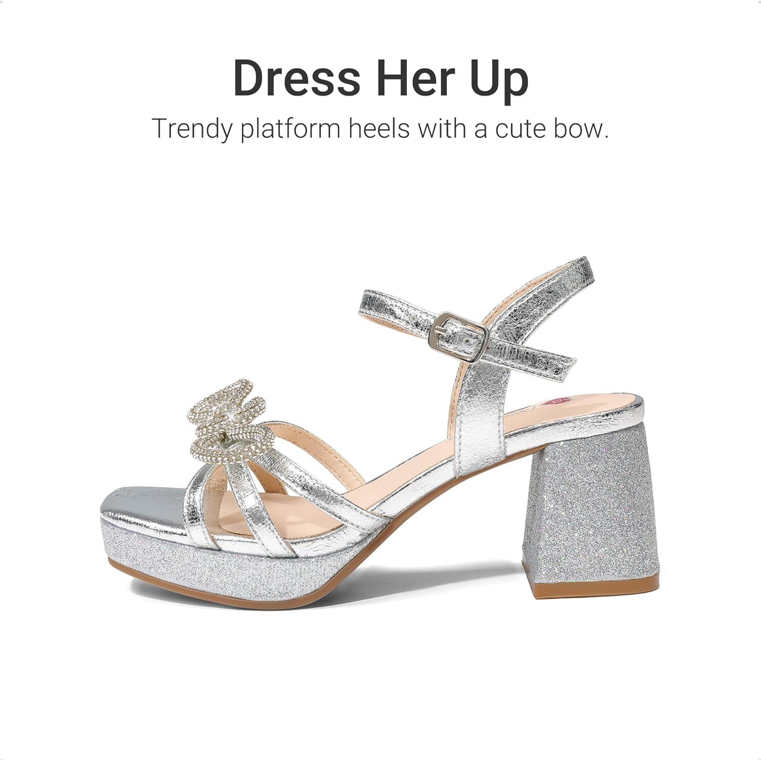imageDREAM PAIRS Girls Sandals Open Toe Low Block Chunky Heels Sandals Bow Flower Party Dress Pumps Shoes for Little Big KidSilver