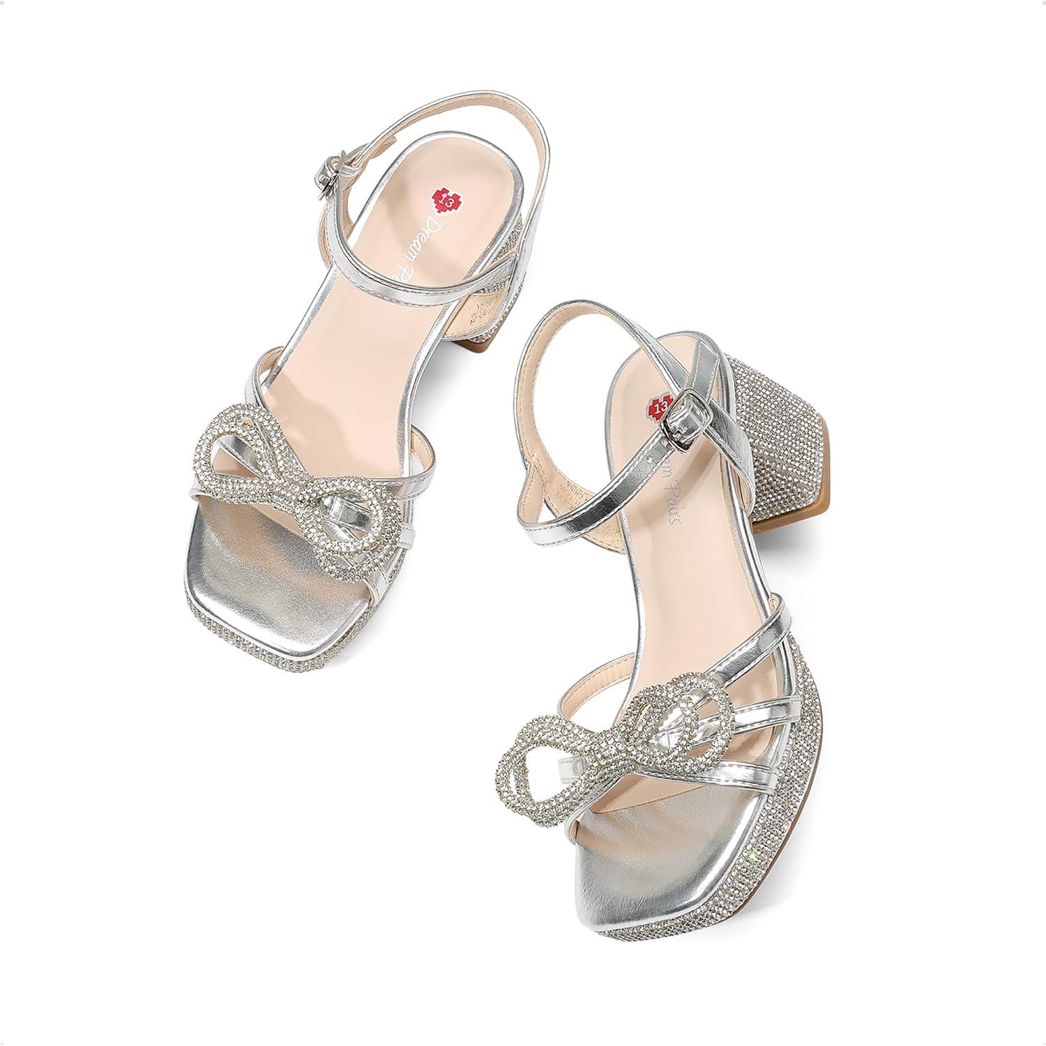 imageDREAM PAIRS Girls Sandals Open Toe Low Block Chunky Heels Sandals Bow Flower Party Dress Pumps Shoes for Little Big KidSilvermetallic