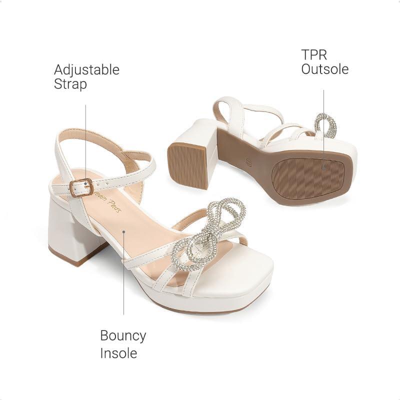 imageDREAM PAIRS Girls Sandals Open Toe Low Block Chunky Heels Sandals Bow Flower Party Dress Pumps Shoes for Little Big KidWhite