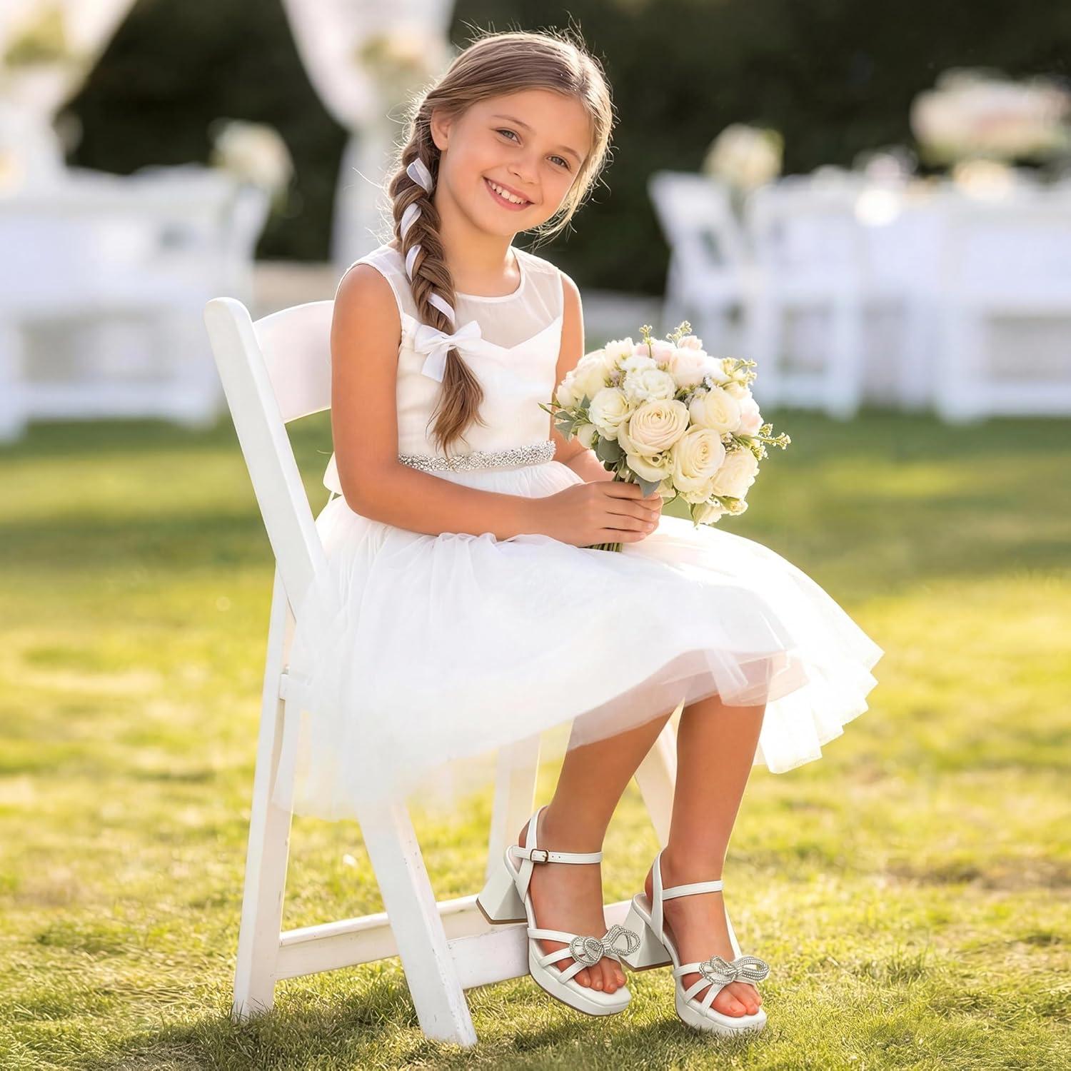 imageDREAM PAIRS Girls Sandals Open Toe Low Block Chunky Heels Sandals Bow Flower Party Dress Pumps Shoes for Little Big KidWhite