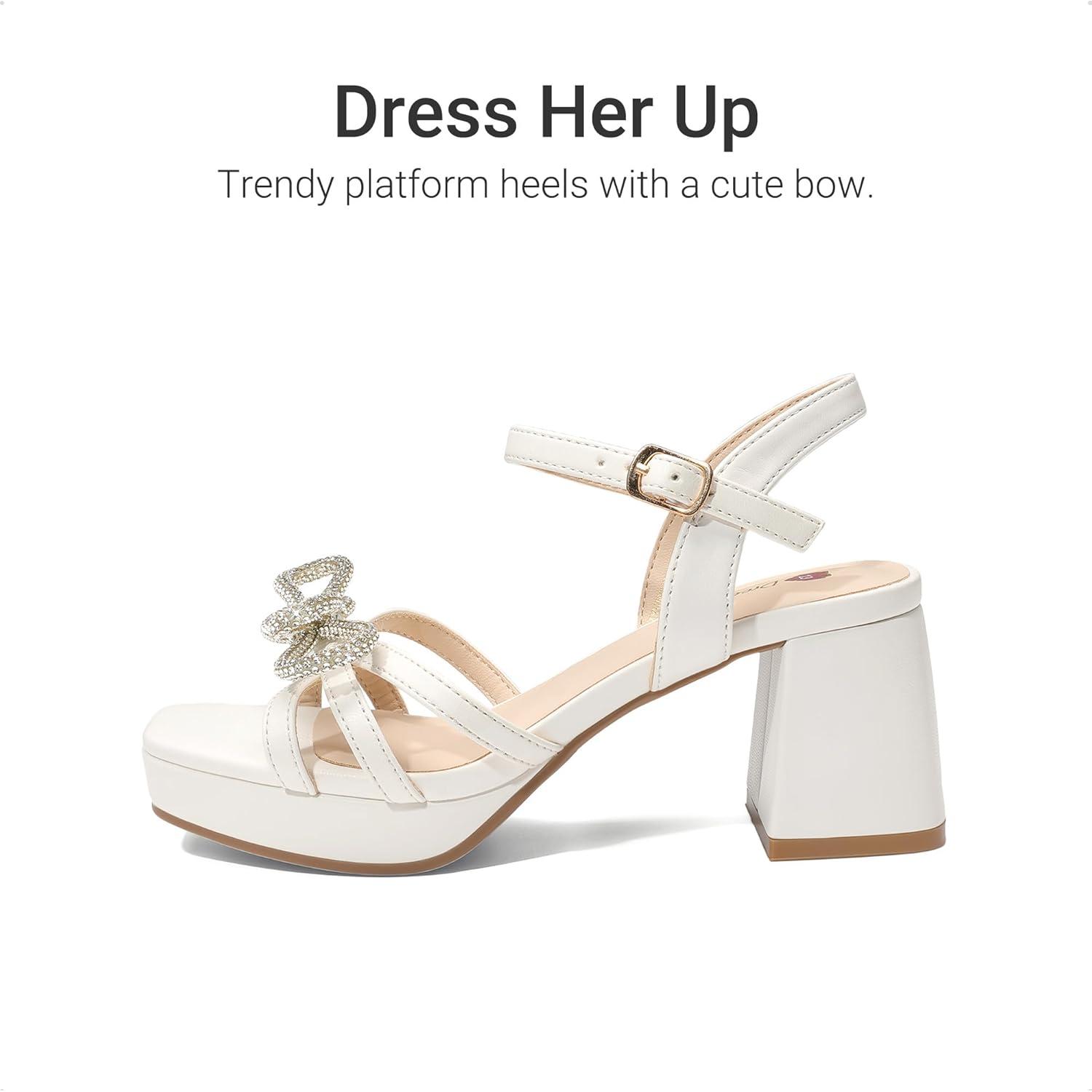 imageDREAM PAIRS Girls Sandals Open Toe Low Block Chunky Heels Sandals Bow Flower Party Dress Pumps Shoes for Little Big KidWhite