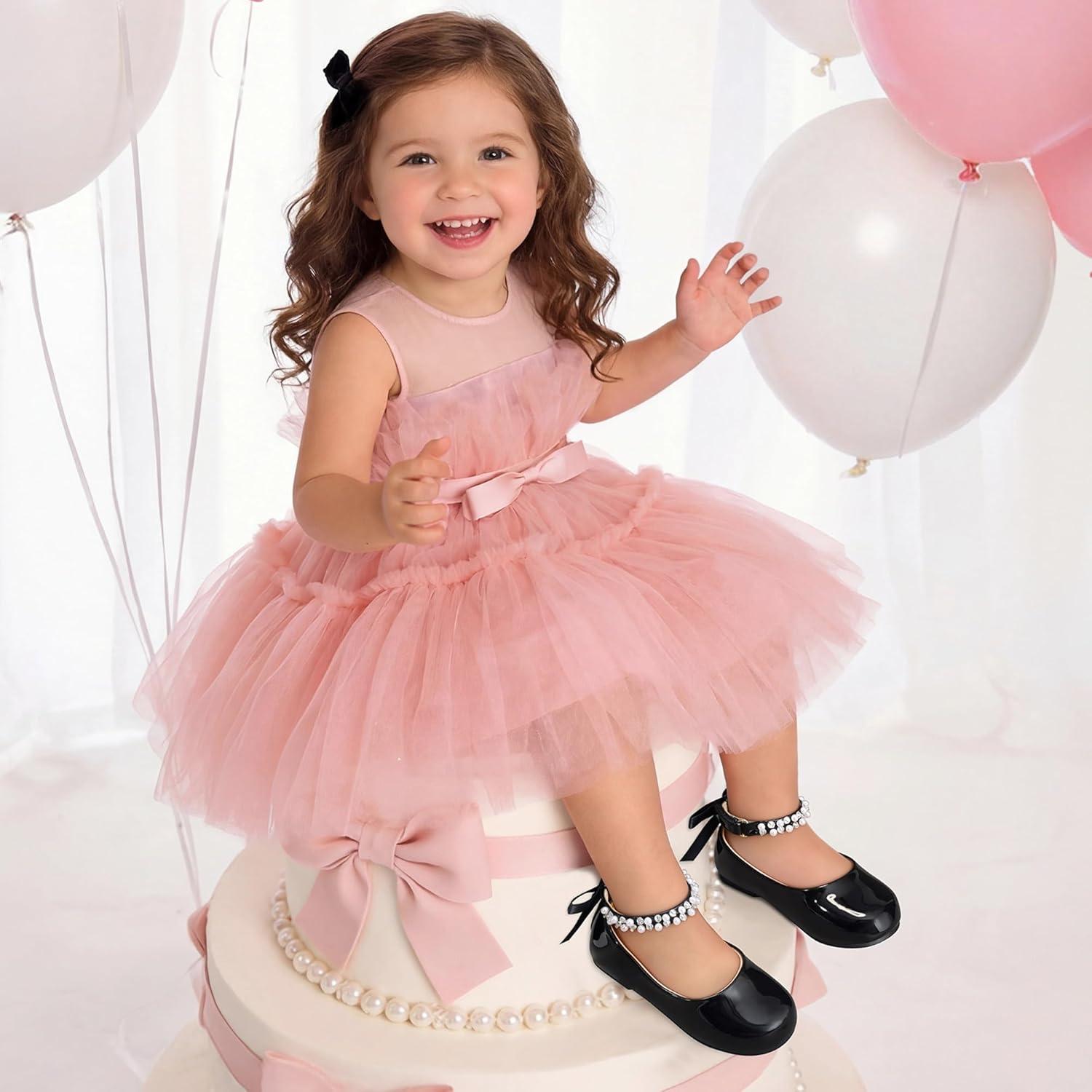 imageDREAM PAIRS Toddler Little Girls Dress Shoes Flower Girl Mary Jane Ballet Flat Shoes with Pearl Ankle Strap amp Satin Bow for WeddingPartyBlack