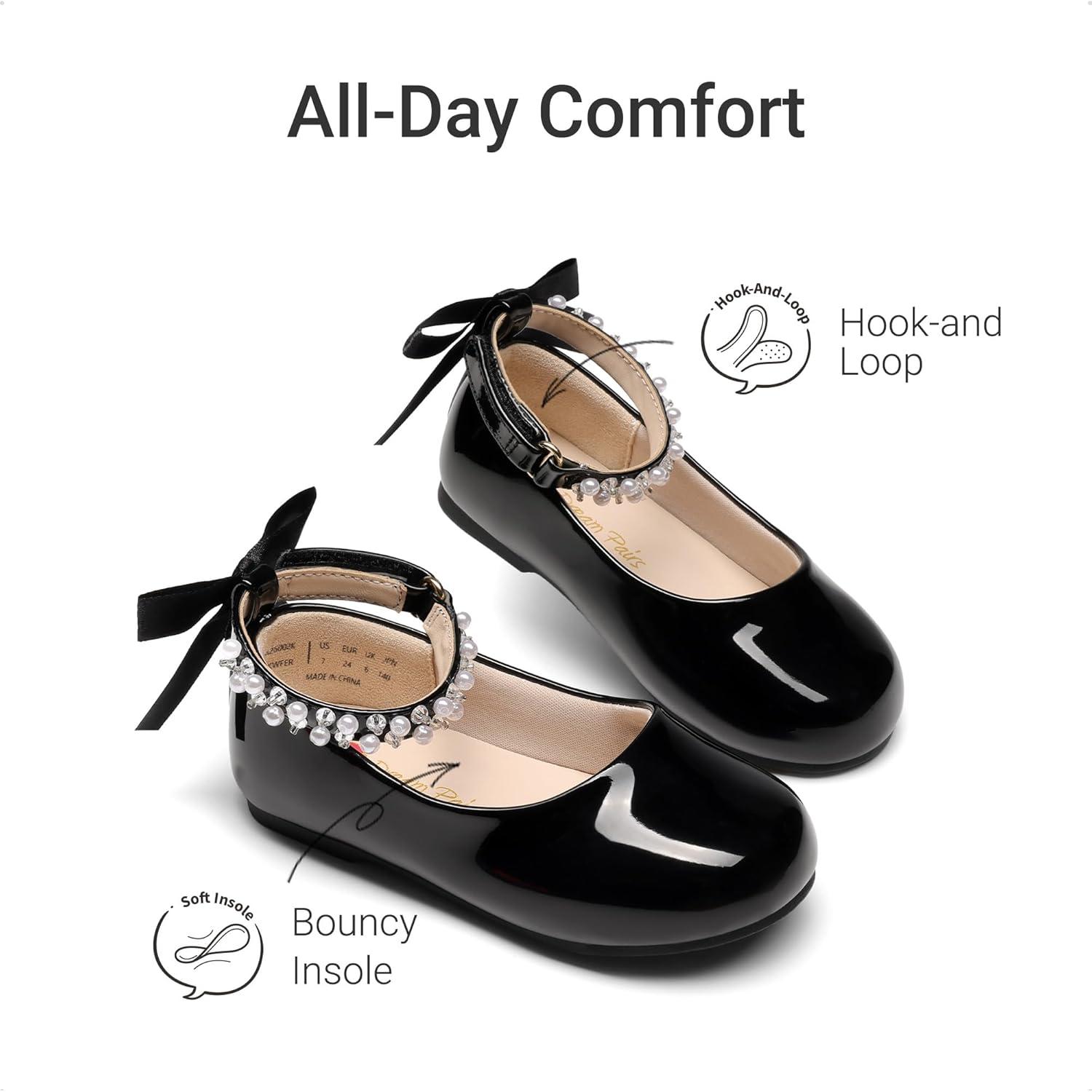 imageDREAM PAIRS Toddler Little Girls Dress Shoes Flower Girl Mary Jane Ballet Flat Shoes with Pearl Ankle Strap amp Satin Bow for WeddingPartyBlack