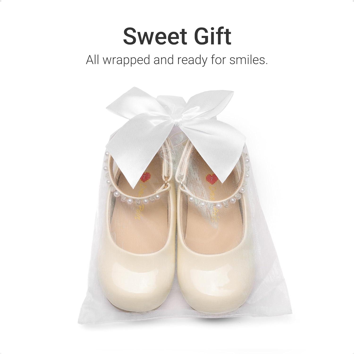 imageDREAM PAIRS Toddler Little Girls Dress Shoes Flower Girl Mary Jane Ballet Flat Shoes with Pearl Ankle Strap amp Satin Bow for WeddingPartyIvory