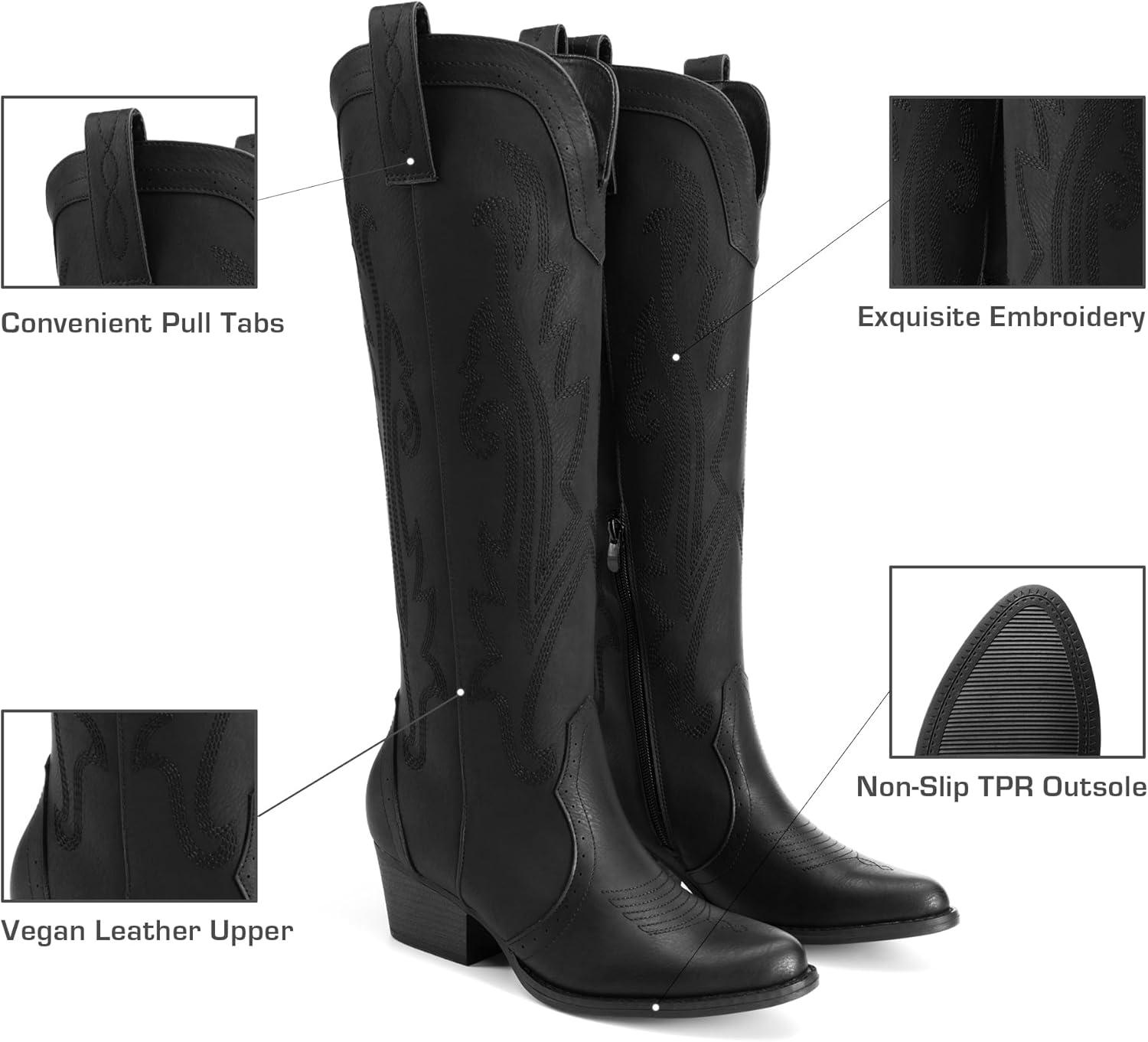 imageDREAM PAIRS Womens Embroidered Western PullOn KneeHigh Cowboy BootsAll Black