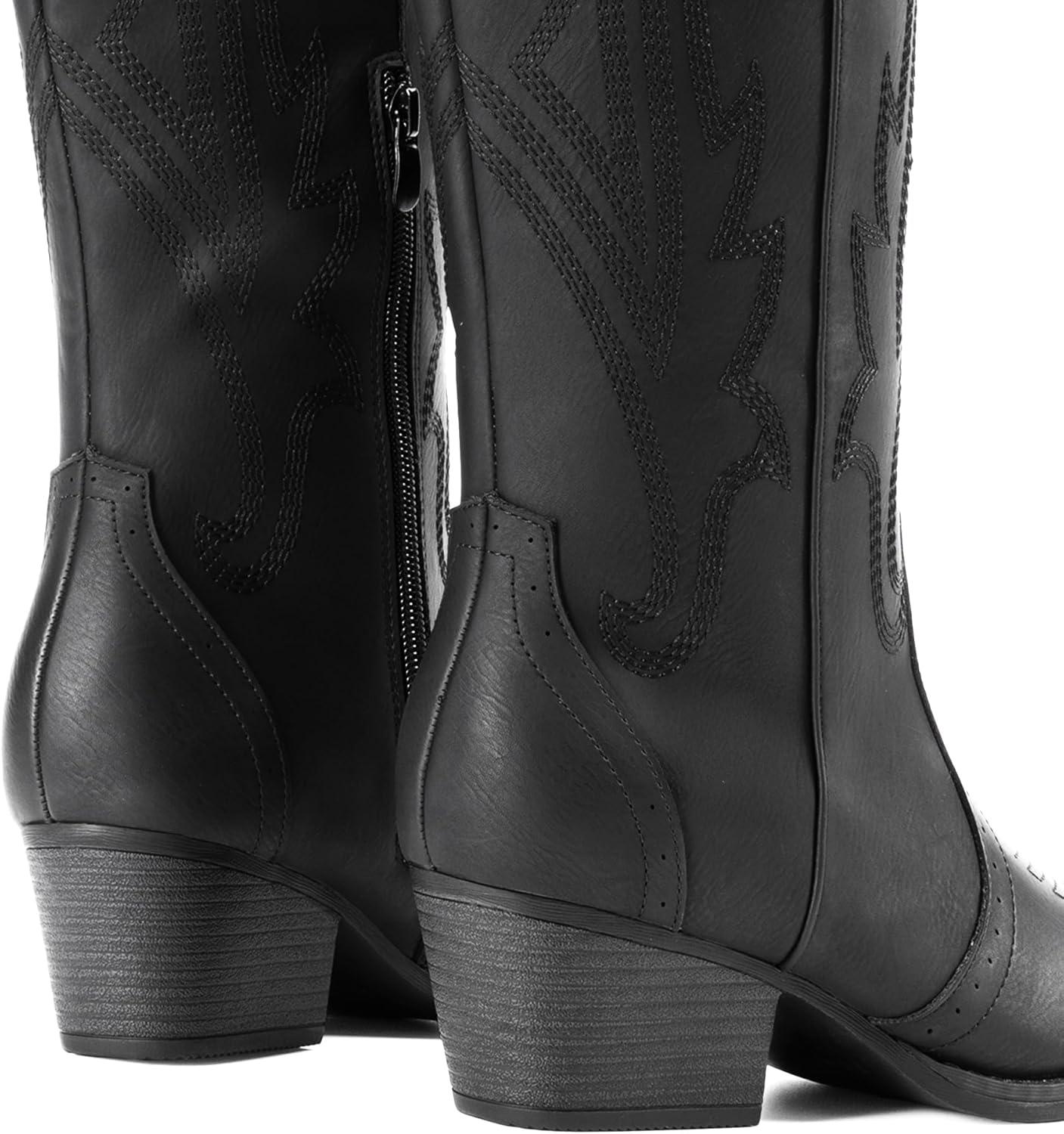 imageDREAM PAIRS Womens Embroidered Western PullOn KneeHigh Cowboy BootsAll Black