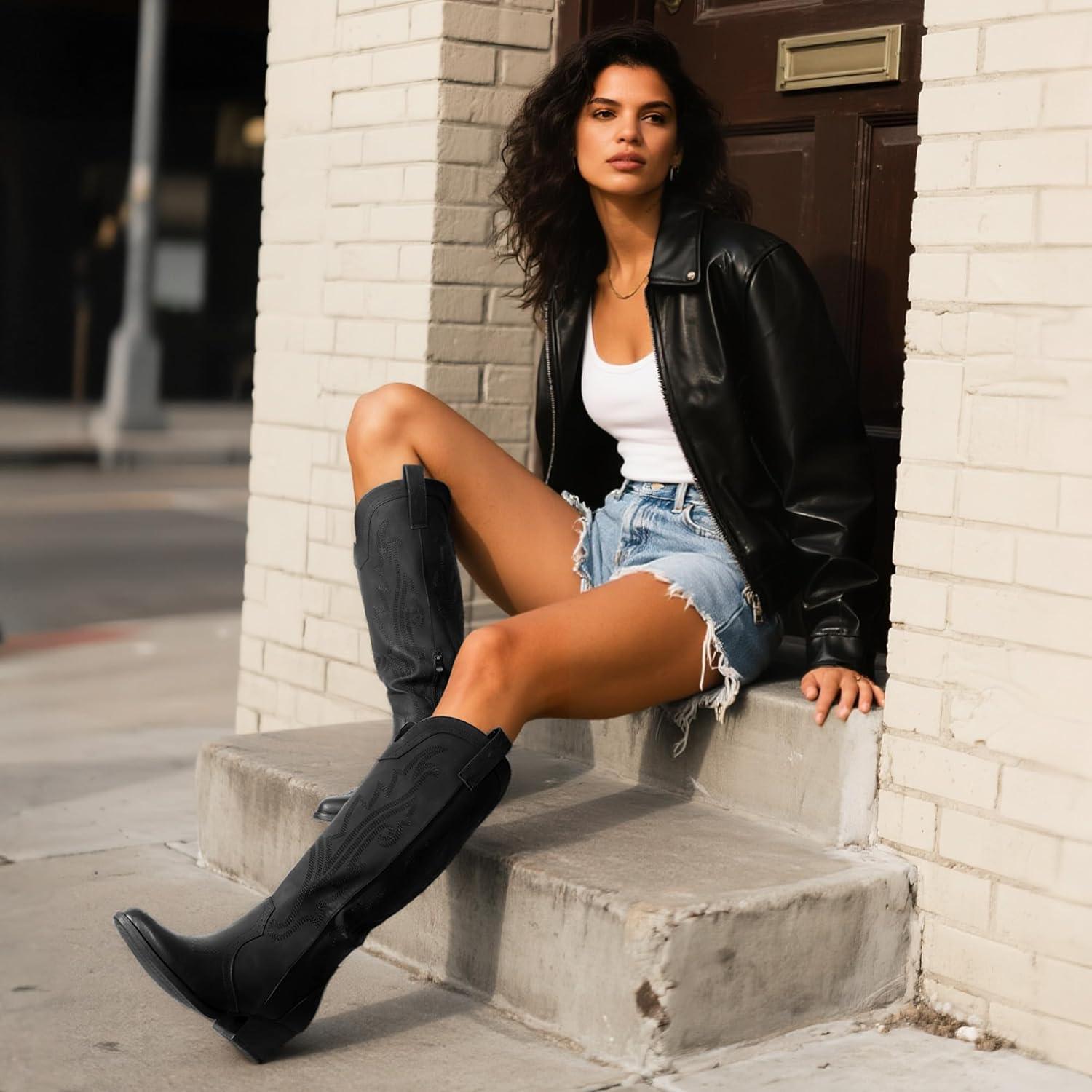 imageDREAM PAIRS Womens Embroidered Western PullOn KneeHigh Cowboy BootsAll Black