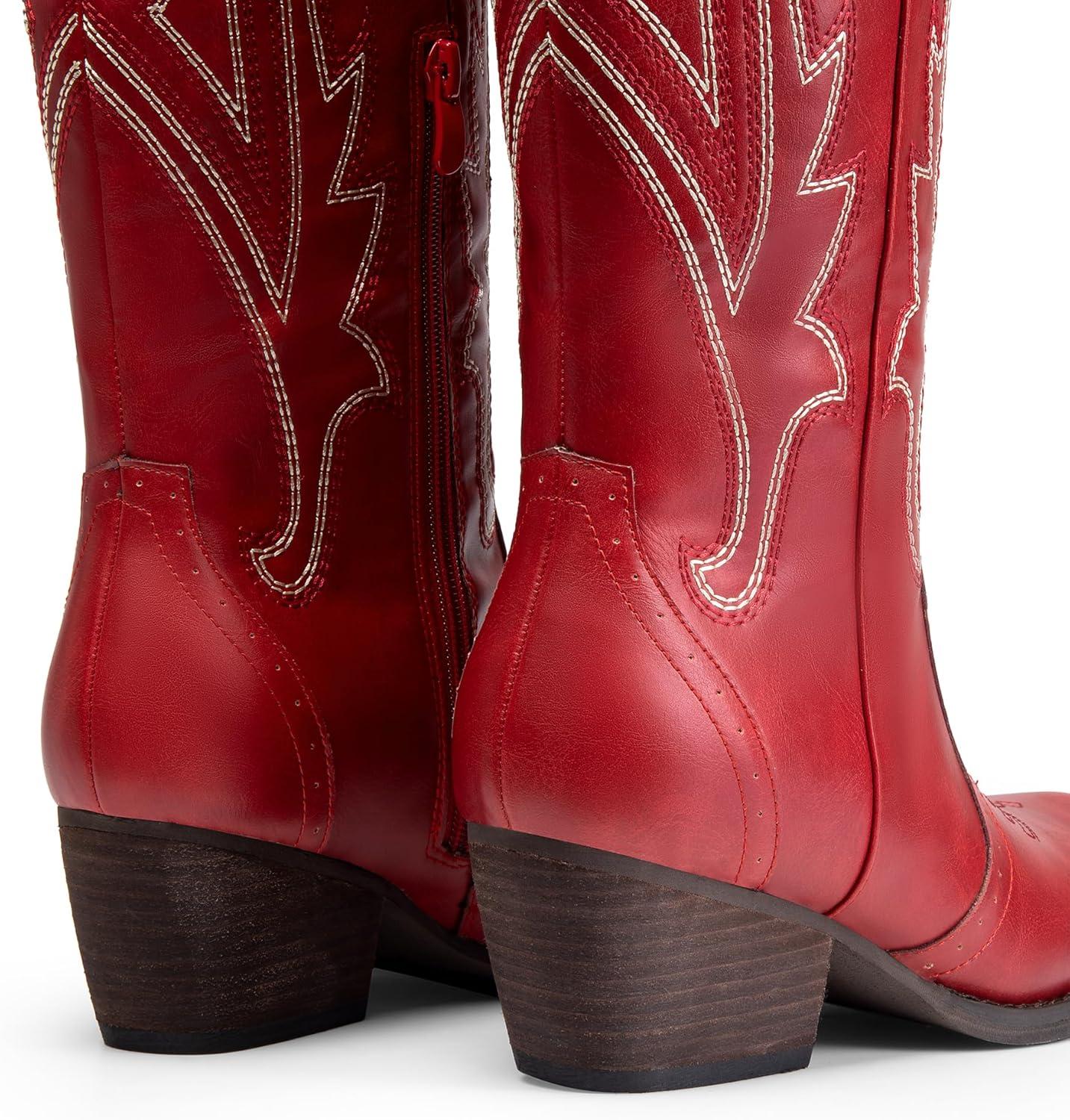 imageDREAM PAIRS Womens Embroidered Western PullOn KneeHigh Cowboy BootsRed