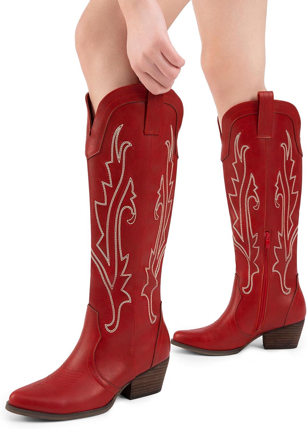 imageDREAM PAIRS Womens Embroidered Western PullOn KneeHigh Cowboy BootsRed