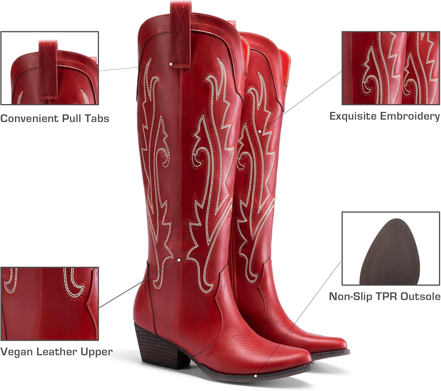 imageDREAM PAIRS Womens Embroidered Western PullOn KneeHigh Cowboy BootsRed