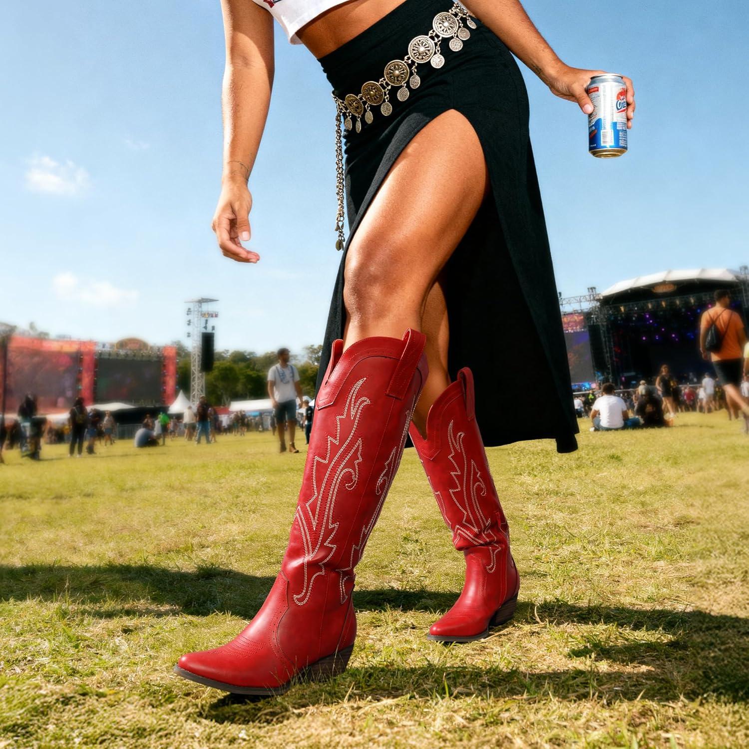 imageDREAM PAIRS Womens Embroidered Western PullOn KneeHigh Cowboy BootsRed