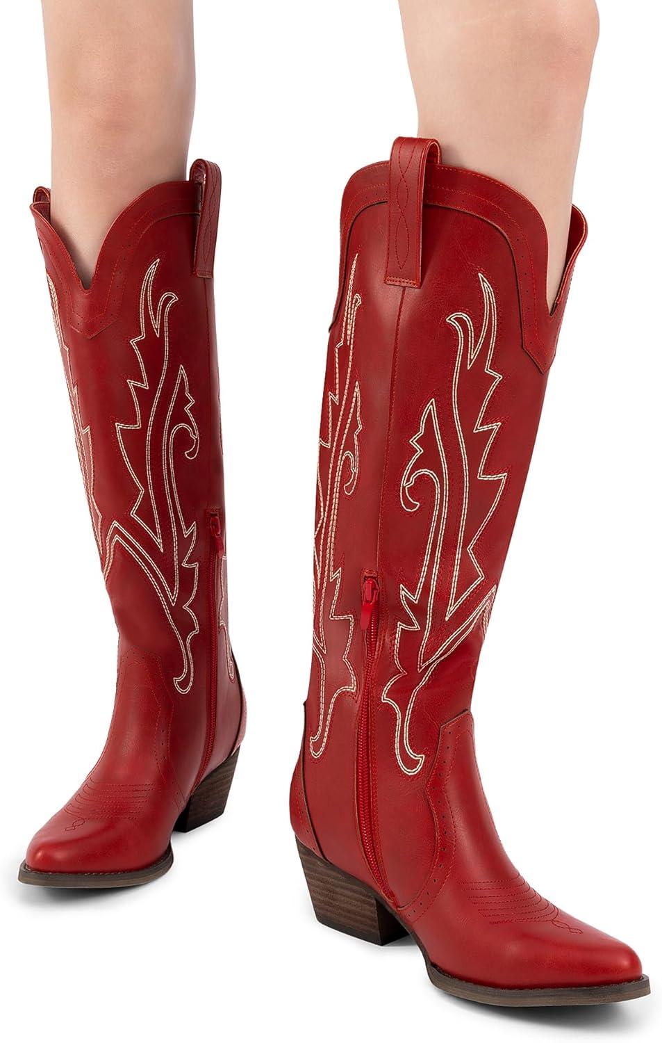 imageDREAM PAIRS Womens Embroidered Western PullOn KneeHigh Cowboy BootsRed
