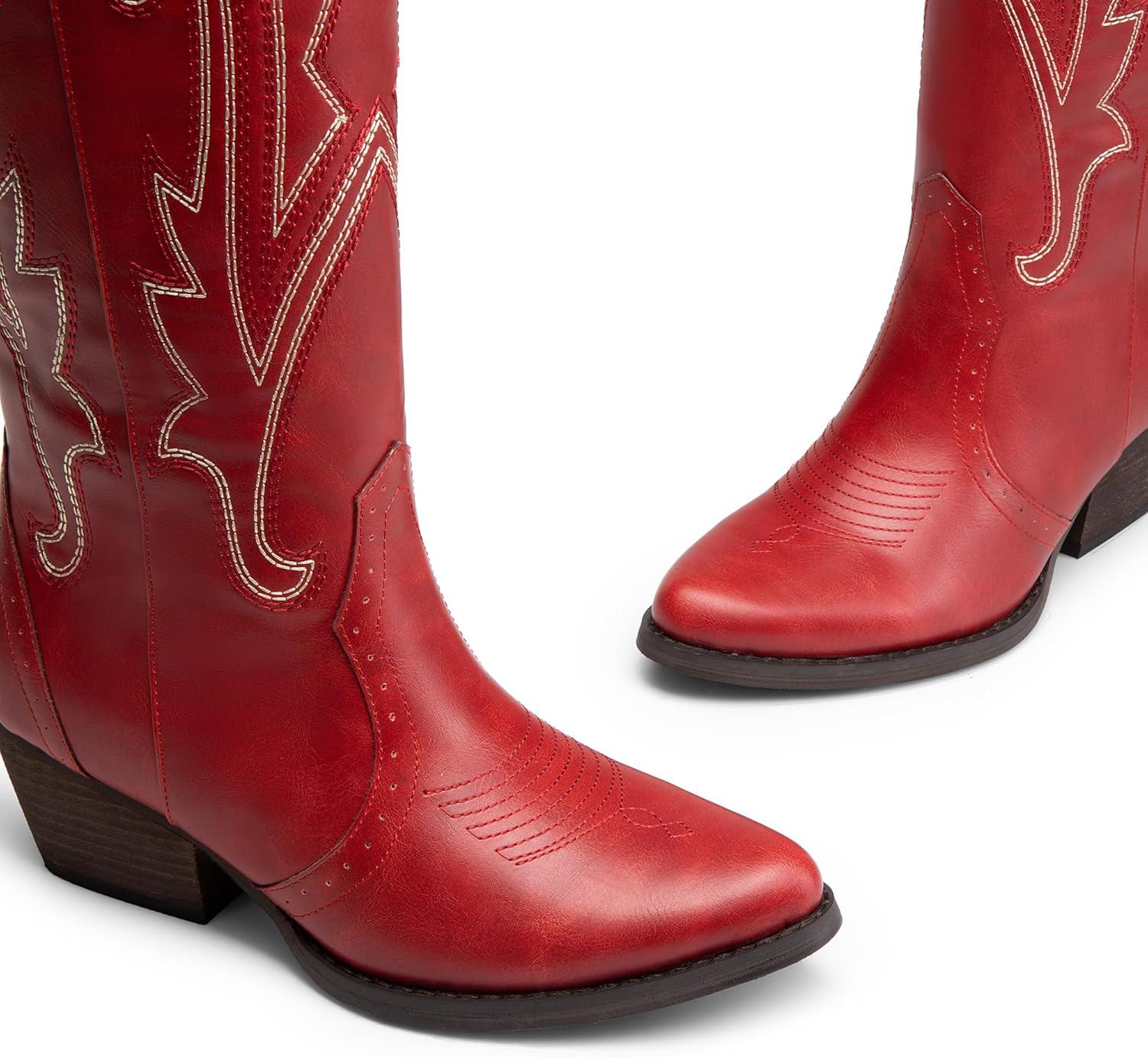 imageDREAM PAIRS Womens Embroidered Western PullOn KneeHigh Cowboy BootsRed