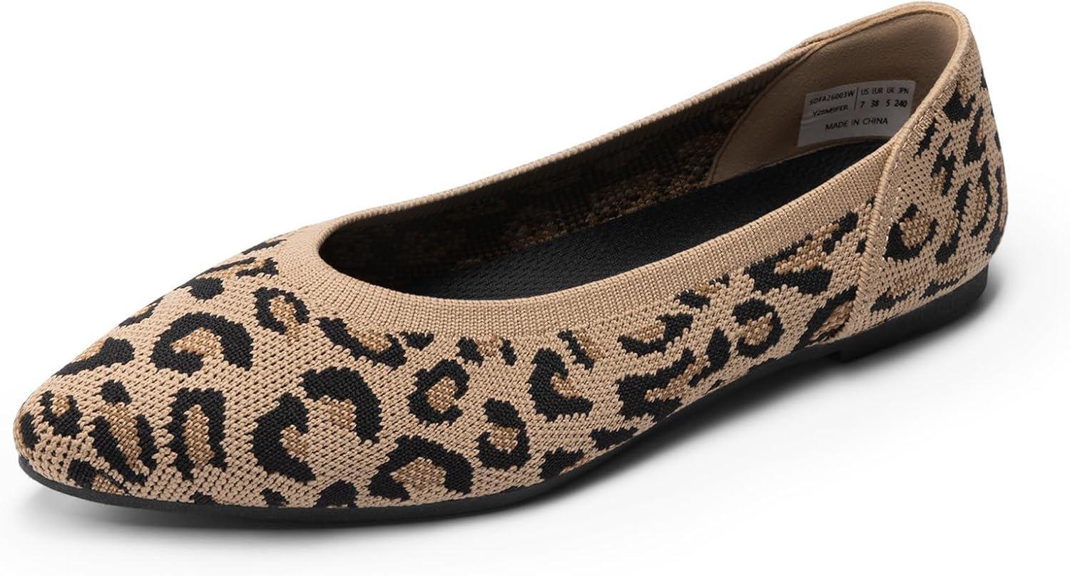 imageDREAM PAIRS Womens Knit Ballet Dressy Flats Comfortable Washable Flexible Breathable Casual Classic Work Office Walk Pointed Toe FlatsLeopard