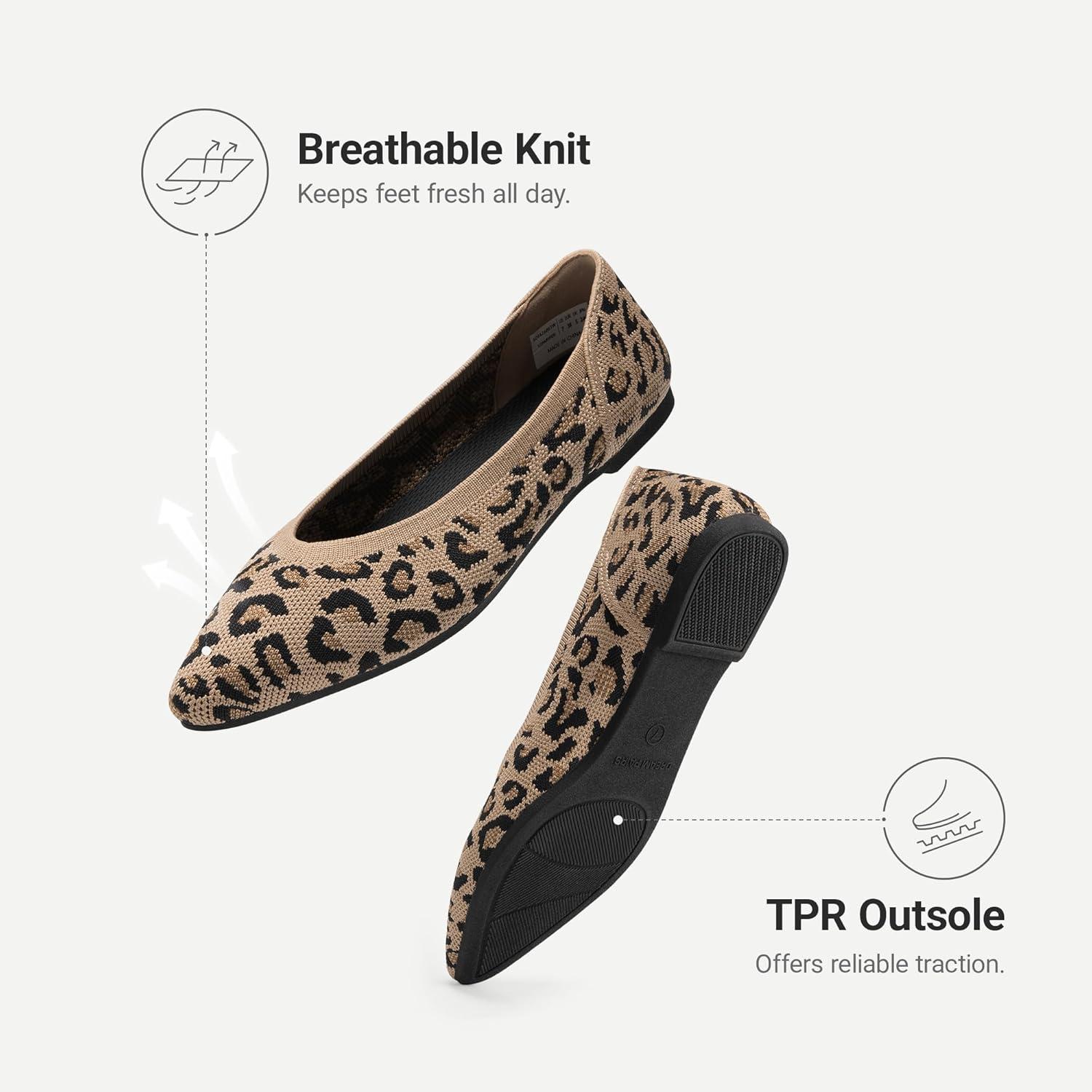imageDREAM PAIRS Womens Knit Ballet Dressy Flats Comfortable Washable Flexible Breathable Casual Classic Work Office Walk Pointed Toe FlatsLeopard