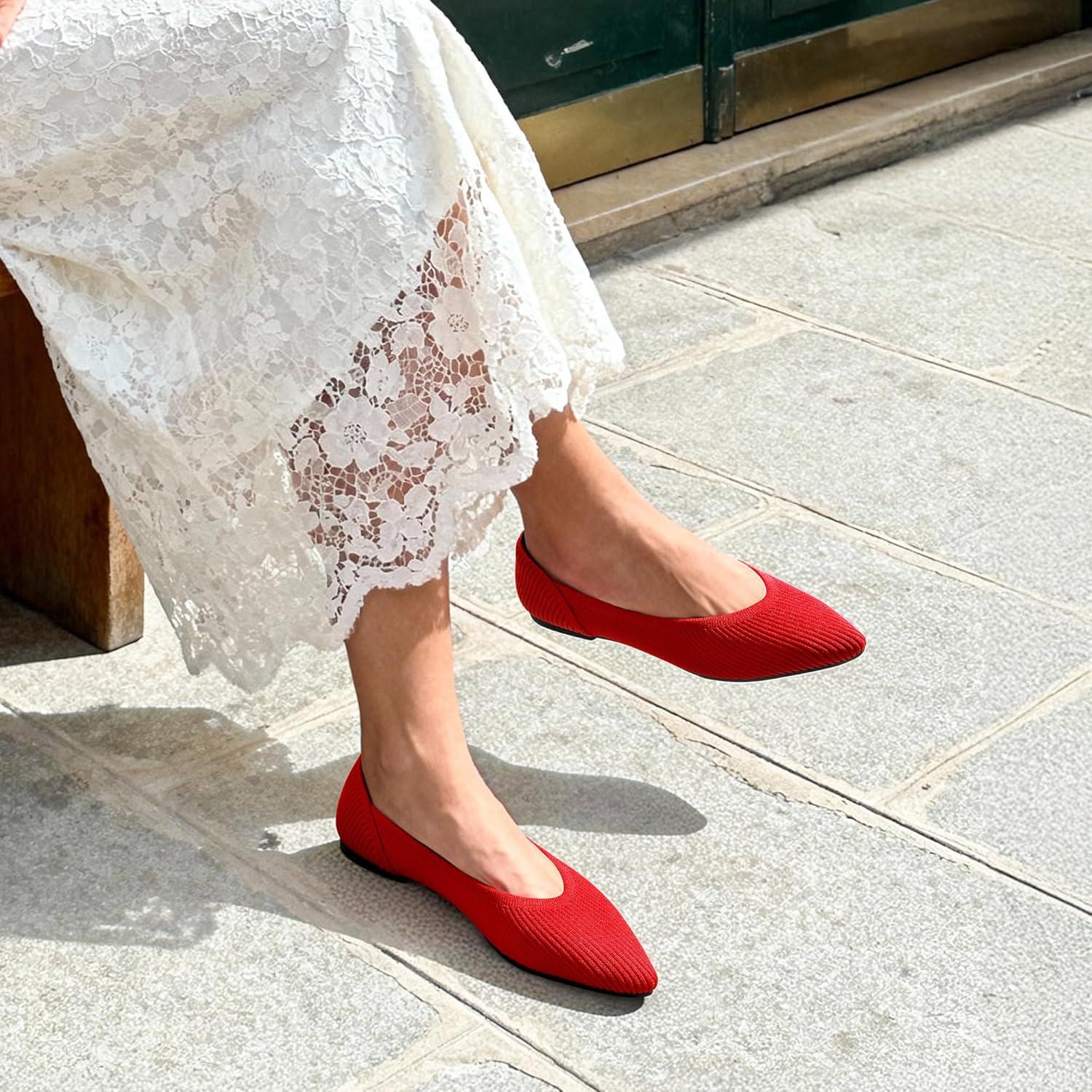 imageDREAM PAIRS Womens Knit Ballet Dressy Flats Comfortable Washable Flexible Breathable Casual Classic Work Office Walk Pointed Toe FlatsRed