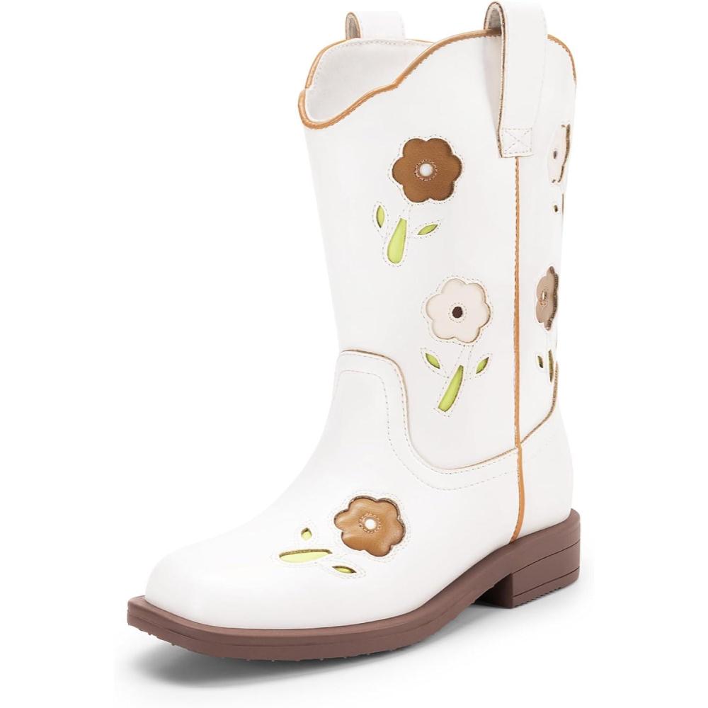 imageDREAM PAIRS Girls Cowboy Cowgirl Boots Floral Embroidered Western Square Toe Mid Calf Toddler Little Big Kid for Birthday Party ConcertWhite