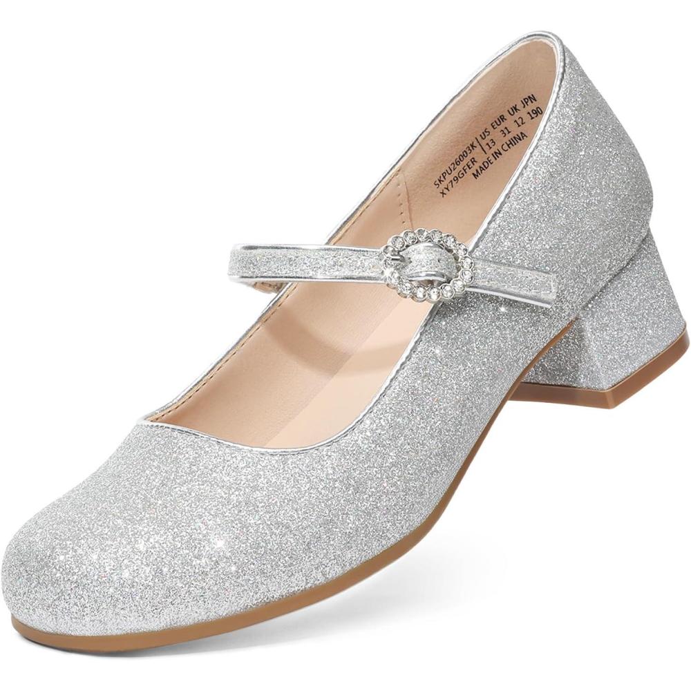imageDREAM PAIRS Girls Dress Shoes Mary Jane Low Heels Flower Wedding Party Pump Prom Footwear for LittleBig KidsSilver