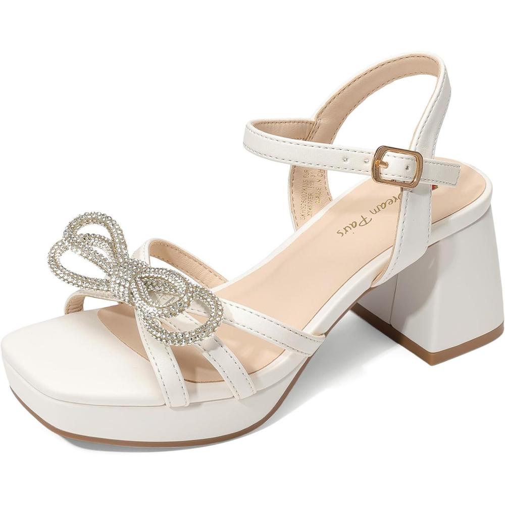 imageDREAM PAIRS Girls Sandals Open Toe Low Block Chunky Heels Sandals Bow Flower Party Dress Pumps Shoes for Little Big KidWhite