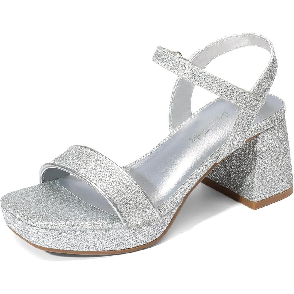 imageDREAM PAIRS Girls Sandals Open Toe Low Block Chunky Heels Sandals Party Dress Pumps Shoes for Little Big KidAll Silver Glitter