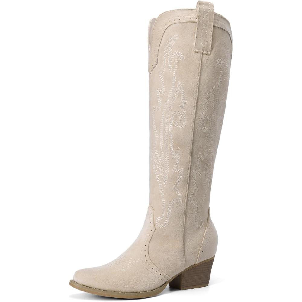 imageDREAM PAIRS Womens Embroidered Western PullOn KneeHigh Cowboy BootsBeige