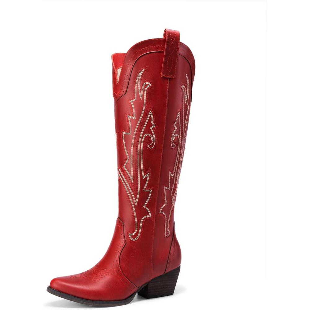 imageDREAM PAIRS Womens Embroidered Western PullOn KneeHigh Cowboy BootsRed