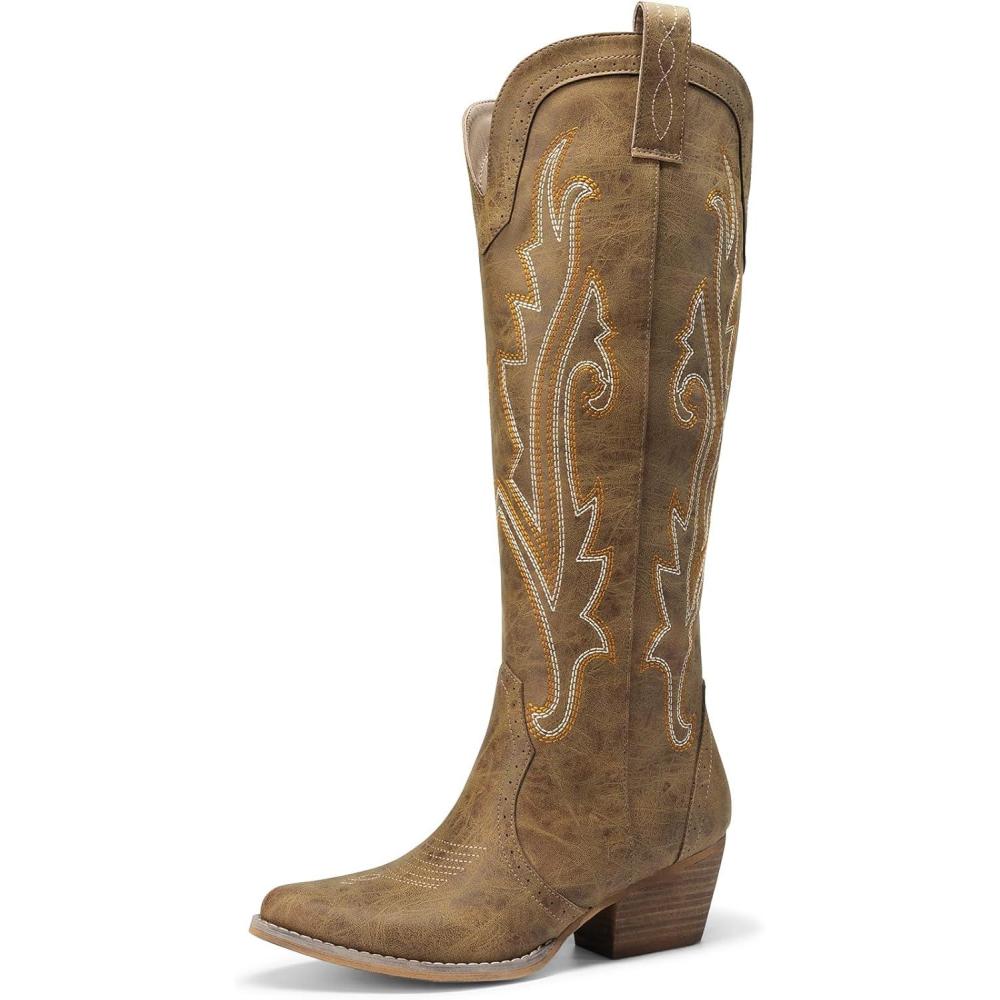 imageDREAM PAIRS Womens Embroidered Western PullOn KneeHigh Cowboy BootsTan