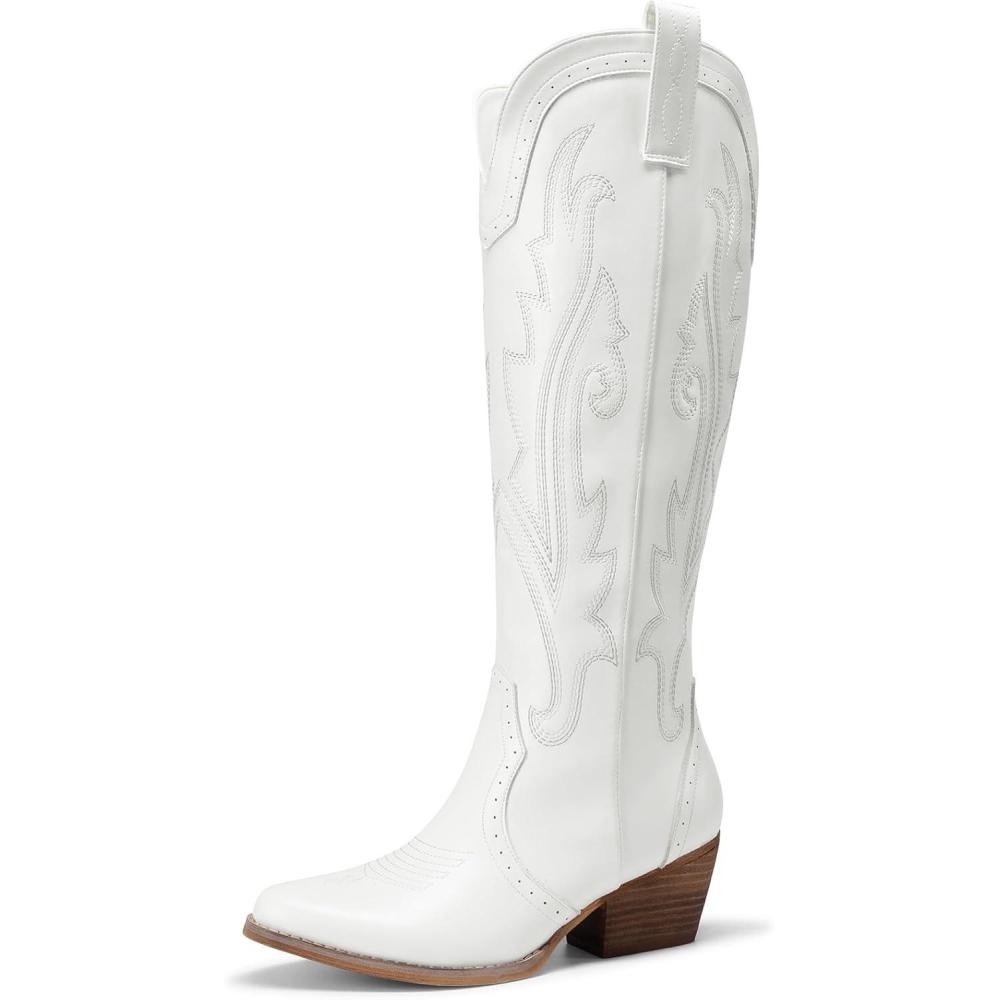 imageDREAM PAIRS Womens Embroidered Western PullOn KneeHigh Cowboy BootsWhite
