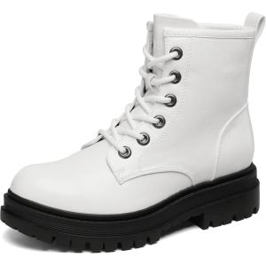 DREAM PAIRS Combat Boots Ankle Booties Lace-up Platform Side Zipper Lug Sole Boots Ankle Boots for Women(White)