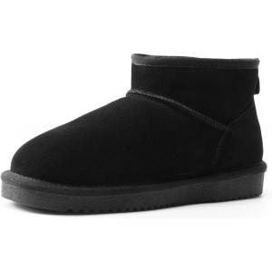 DREAM PAIRS Genuine Suede Ankle Winter Mini Boots for Women Slip On Faux Fur Lining Water Resistant Warm Snow Boots Memory Foam Comfort Booties(Black)