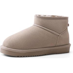DREAM PAIRS Genuine Suede Ankle Winter Mini Boots for Women Slip On Faux Fur Lining Water Resistant Warm Snow Boots Memory Foam Comfort Booties(Sand)