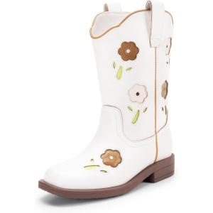 DREAM PAIRS Girls Cowboy Cowgirl Boots Floral Embroidered Western Square Toe Mid Calf Toddler Little Big Kid for Birthday Party Concert(White)