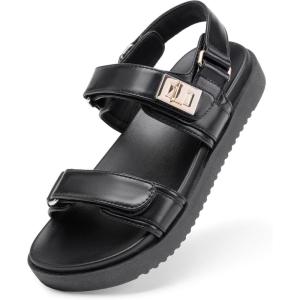 DREAM PAIRS Girls Sandals Casual Open Toe Two Adjustable Strapped Sandals with Hook and Loop for Little Kid/Big Kid(Black)