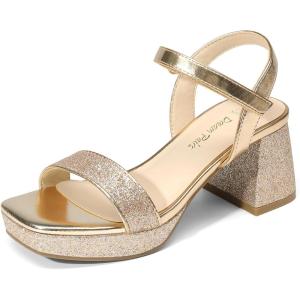 DREAM PAIRS Girls Sandals Open Toe Low Block Chunky Heels Sandals Party Dress Pumps Shoes for Little Big Kid(All Gold Glitter)