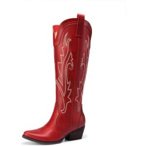 DREAM PAIRS Women’s Embroidered Western Pull-On Knee-High Cowboy Boots(Red)