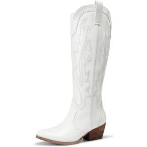 DREAM PAIRS Women’s Embroidered Western Pull-On Knee-High Cowboy Boots(White)