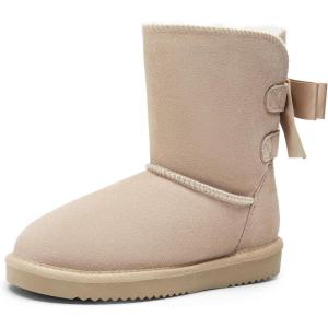 DREAM PAIRS Women’s Winter Snow Boots FuzzyChic Bow Genuine Suede Leather Faux Fur Lining Memory Foam Warm Winter Short Booties for Outdoor Indoor(Sand)