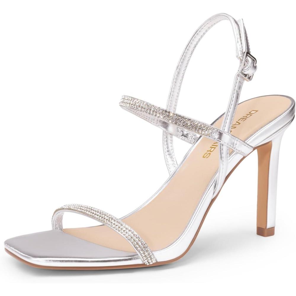 imageDREAM PAIRS Womens Slingback Heels High Stilettos Open Square Toe Ankle Strap Pumps Sexy Comfort Strappy Dress Shoes Wedding Bridal Heeled SandalsSilverrhinestone