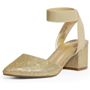 DREAM PAIRS Women’s Nicholes Low Block Heel Pumps(Gold/Glitter)
